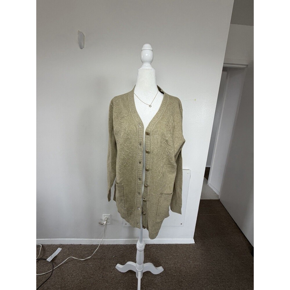 Oatmeal Heathered knit Cardigan Boho Sweater Grandma Bottoms Front Pockets L - Picture 4 of 14
